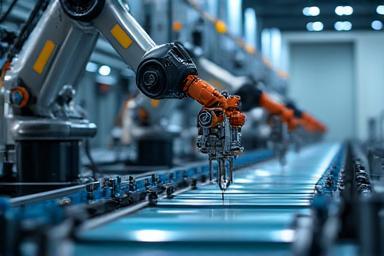 ロボットアームを使用した自動化された製造ラインの稼働風景